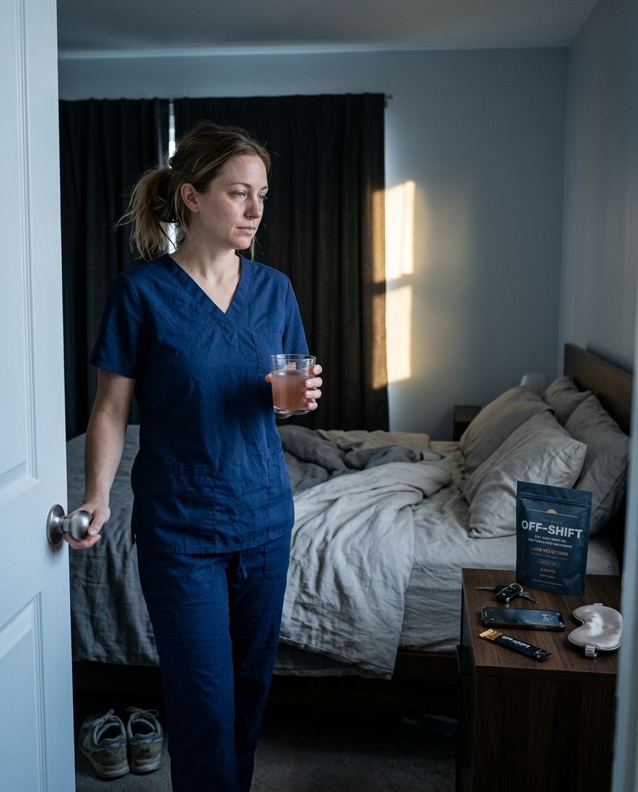 Nurse carrying Off-Shift toward a blackout-curtained bedroom in morning light