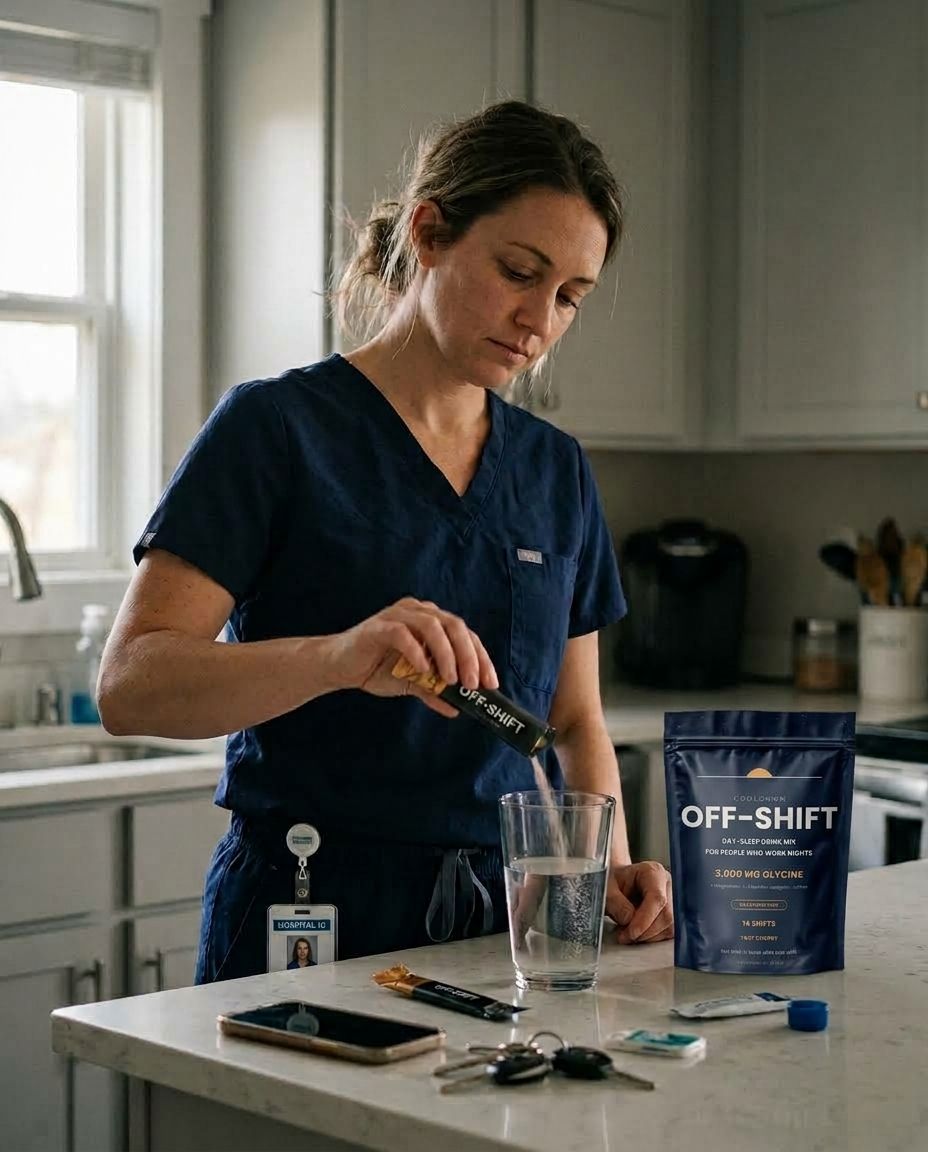Night-shift nurse mixing Off-Shift in a glass of water after her shift